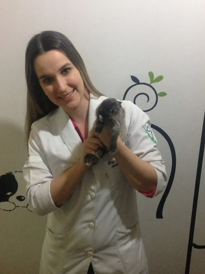 Dra. Juliana Riedo segurando um cão no consultório da Riedog